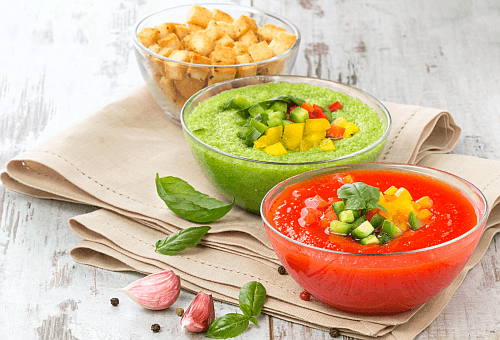 Two Summer Cold Soups : Green Avocado and Cucumber Soup and Red Tomato and Pepper Gazpacho
